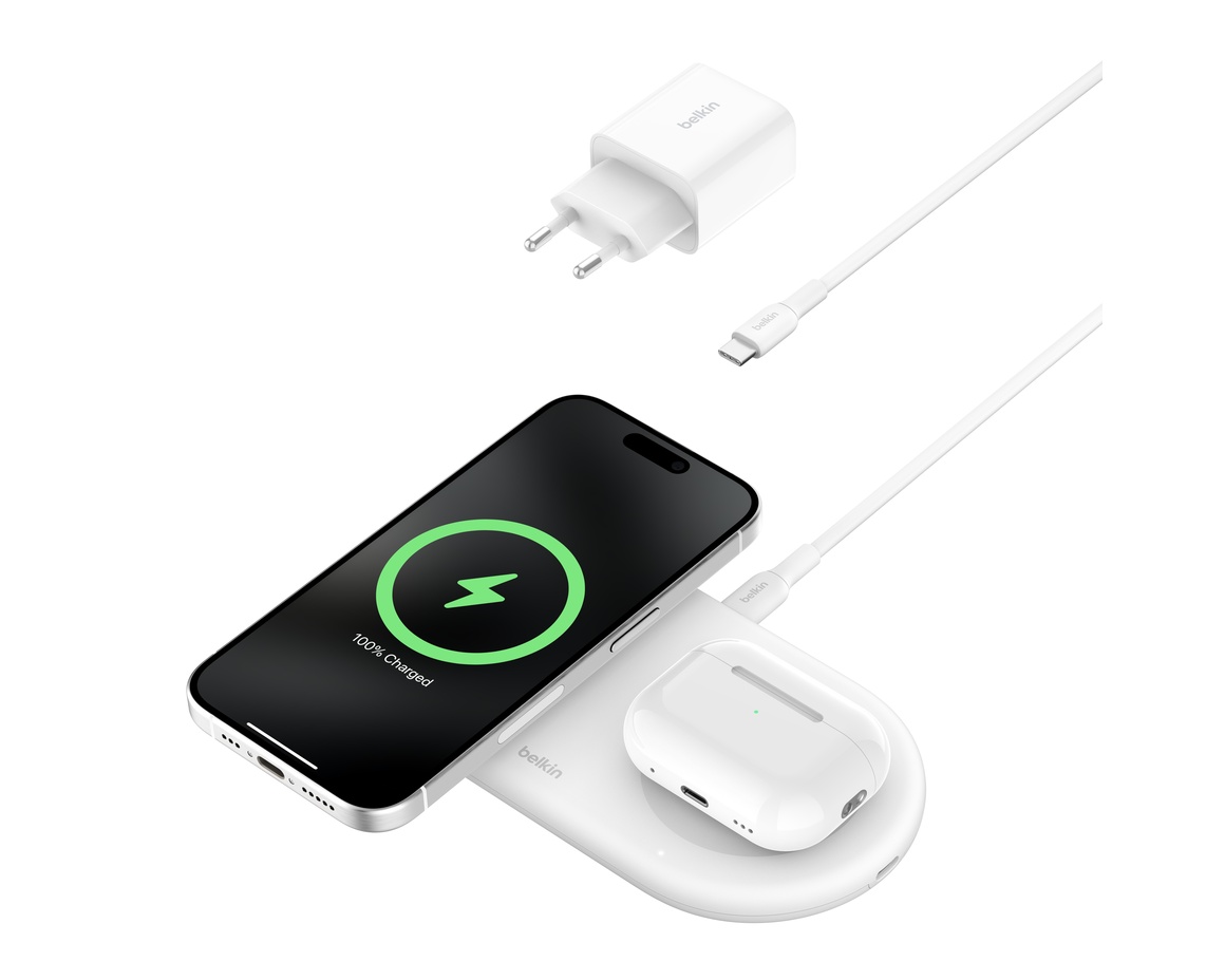 Belkin BoostCharge Pro 2-i-1 Qi2 15w Trådlös laddningsplatta Vit